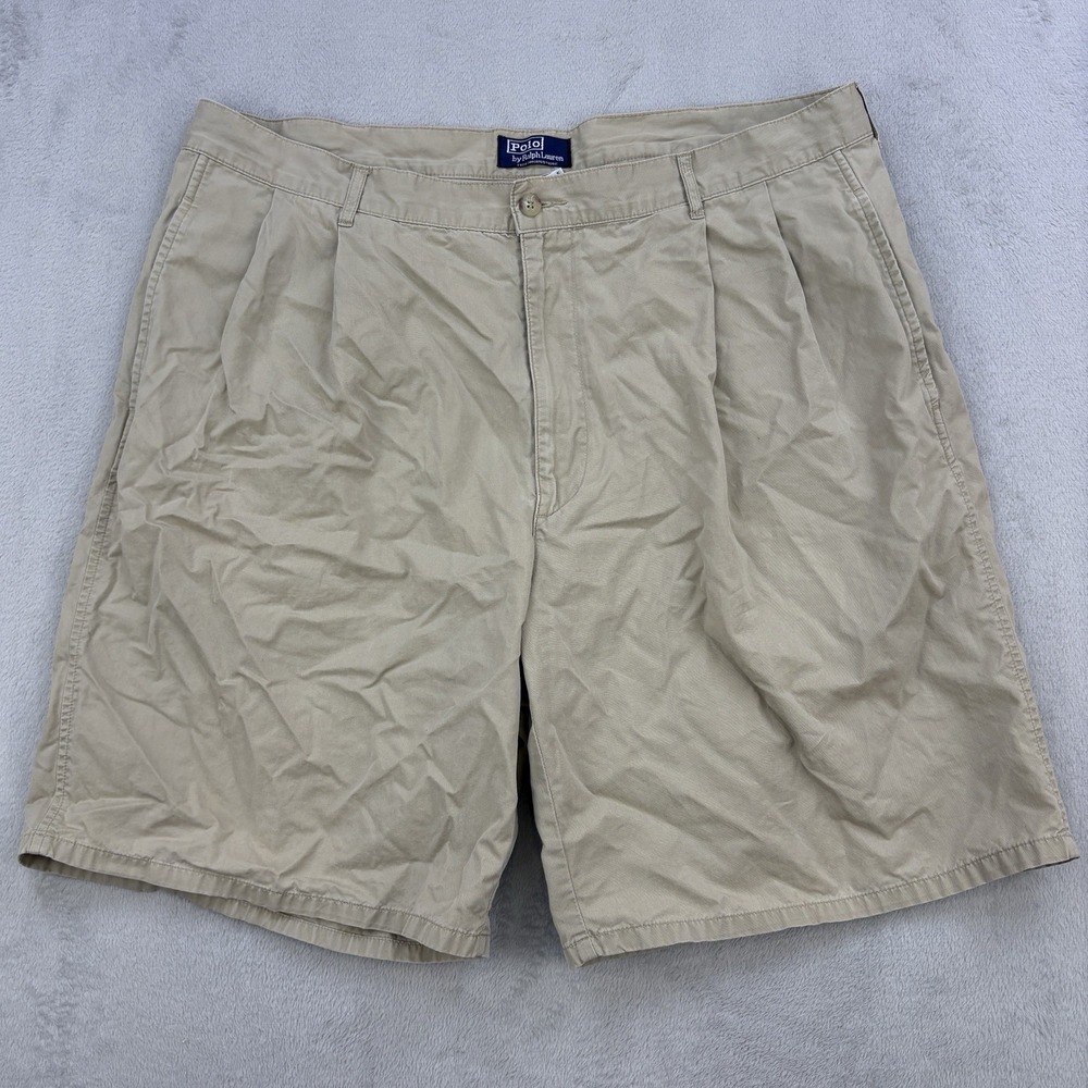 Vintage Polo Ralph Lauren Shorts Mens 38 Beige Tan 100% Cotton Pleated Chino Zip